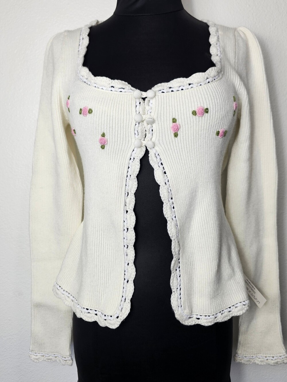 For Love & Lemons Cream Knit Cardigan with Pink Rose Embroidery - Picture 1 of 7